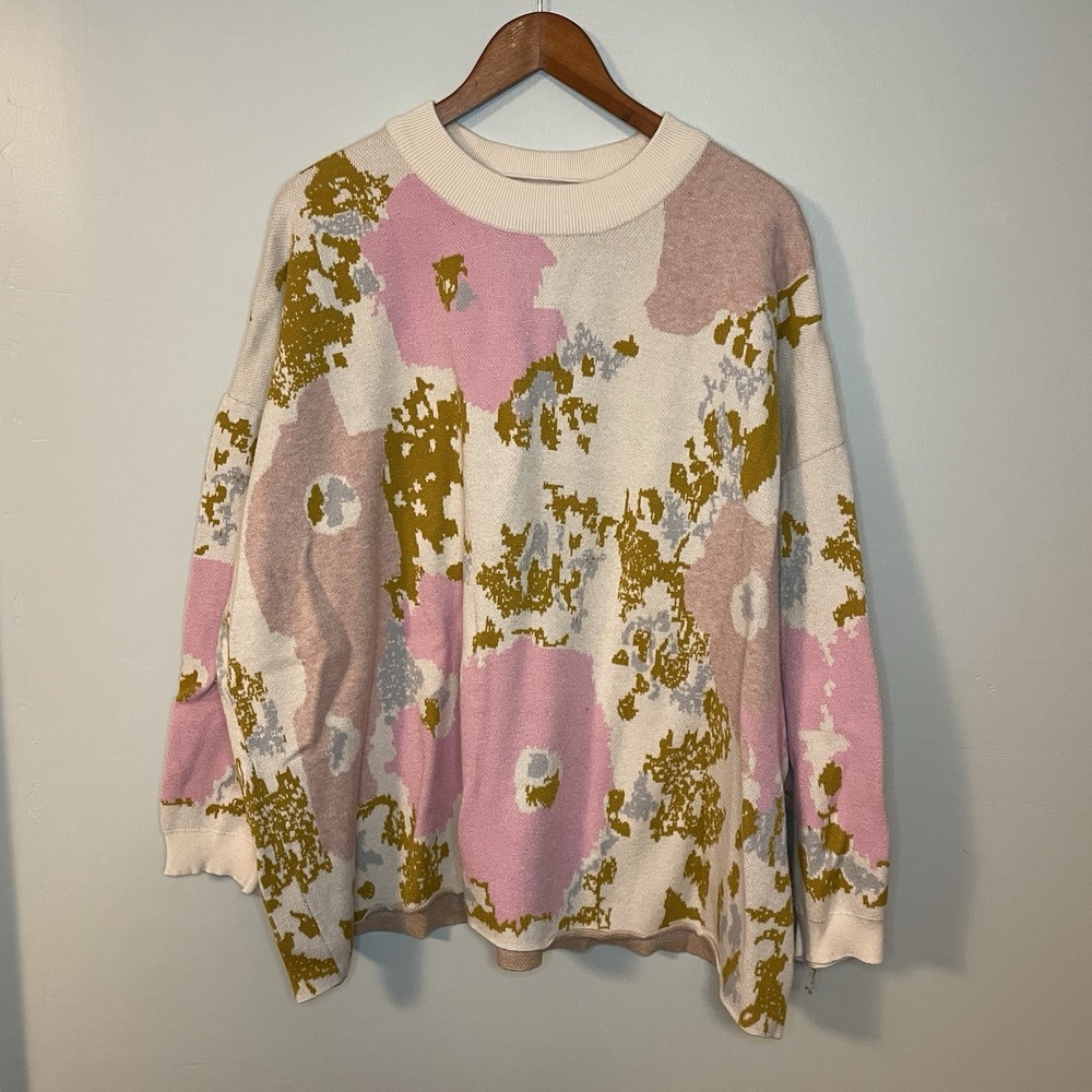 Ulla Popken Sweater Womens 20/22 Plus Size Gold Pink Floral Knit Casual‎